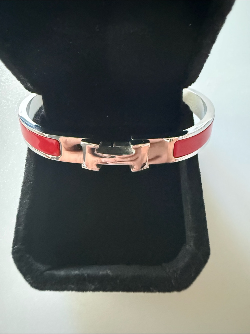 Adina Eden Silver Tone Bracelet with Red Enamel H-Center